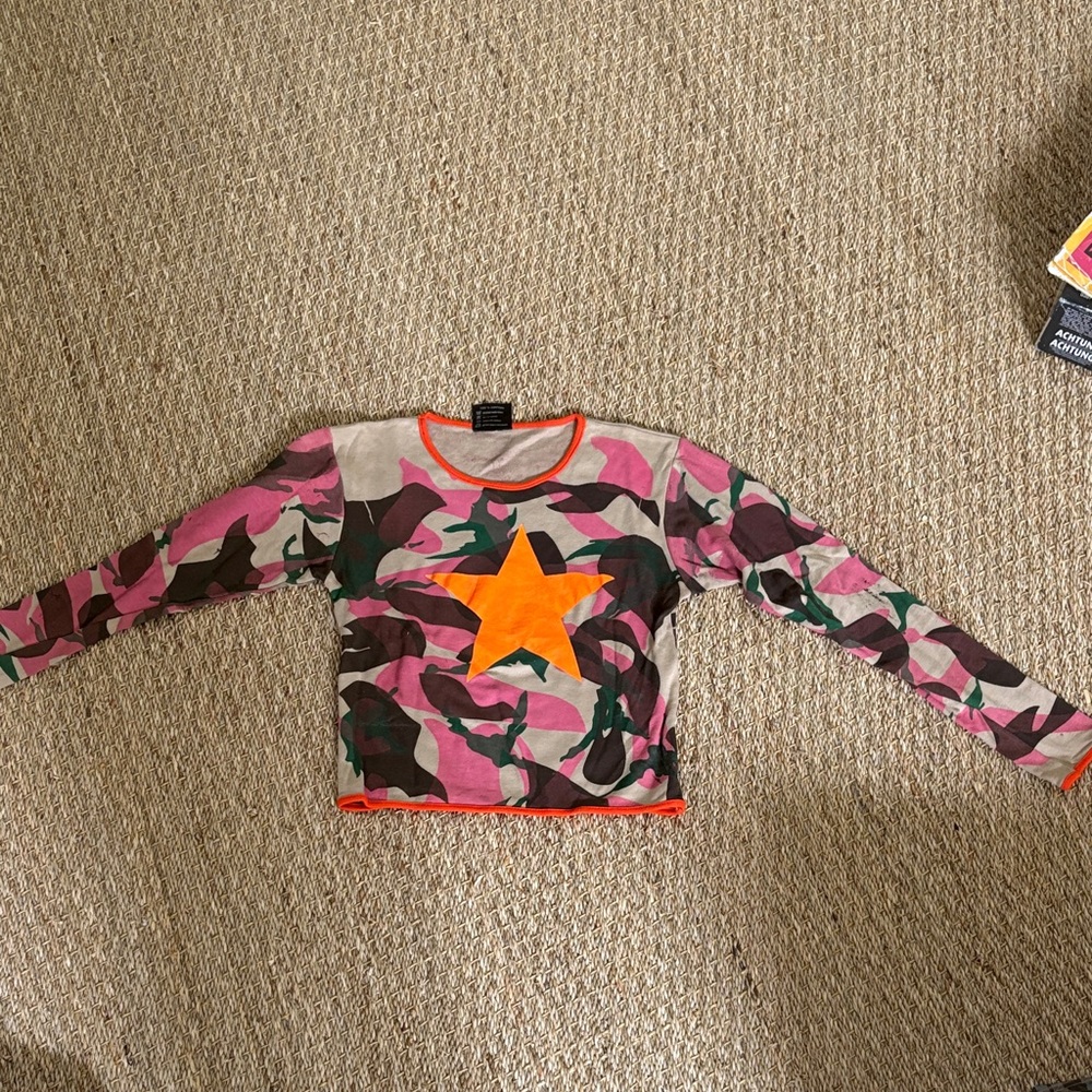 Astral T-Shirts screen print pink Camouflage Top with Orange star and trim